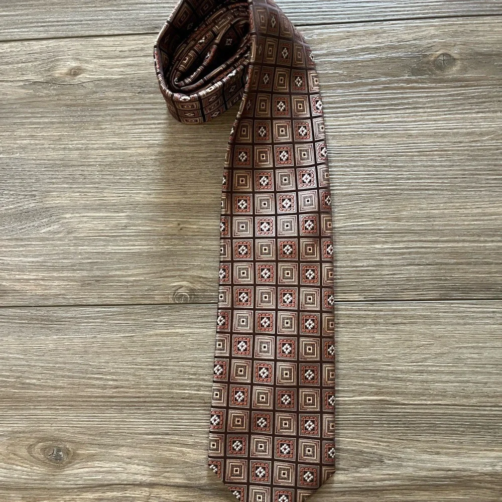 Burma Bibas Geometric Silk Necktie Brown‎ Square Pattern One Size